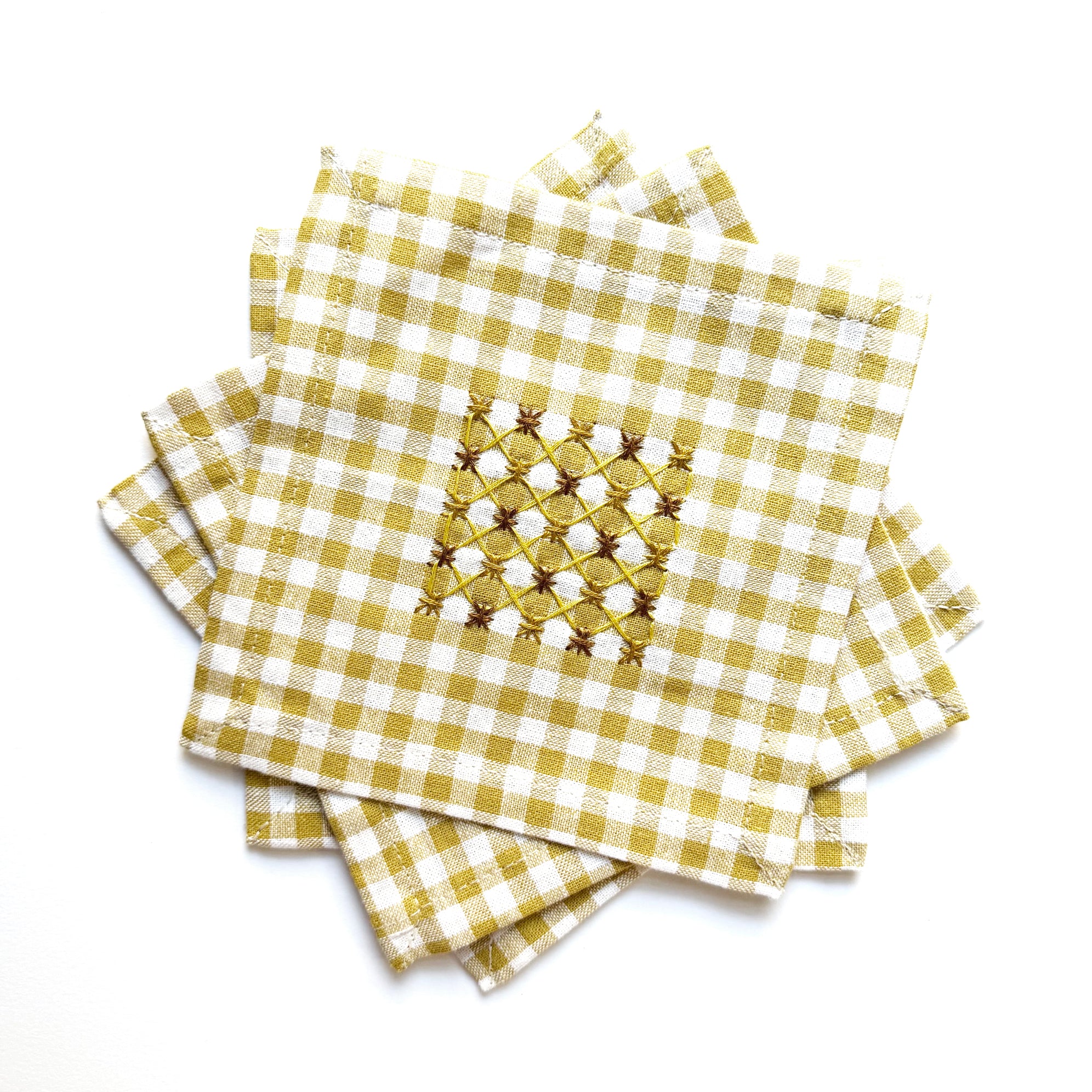Hand Embroidered Gingham Napkin - Mustard
