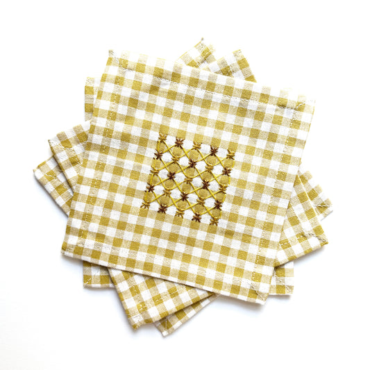 Hand Embroidered Gingham Napkin - Mustard