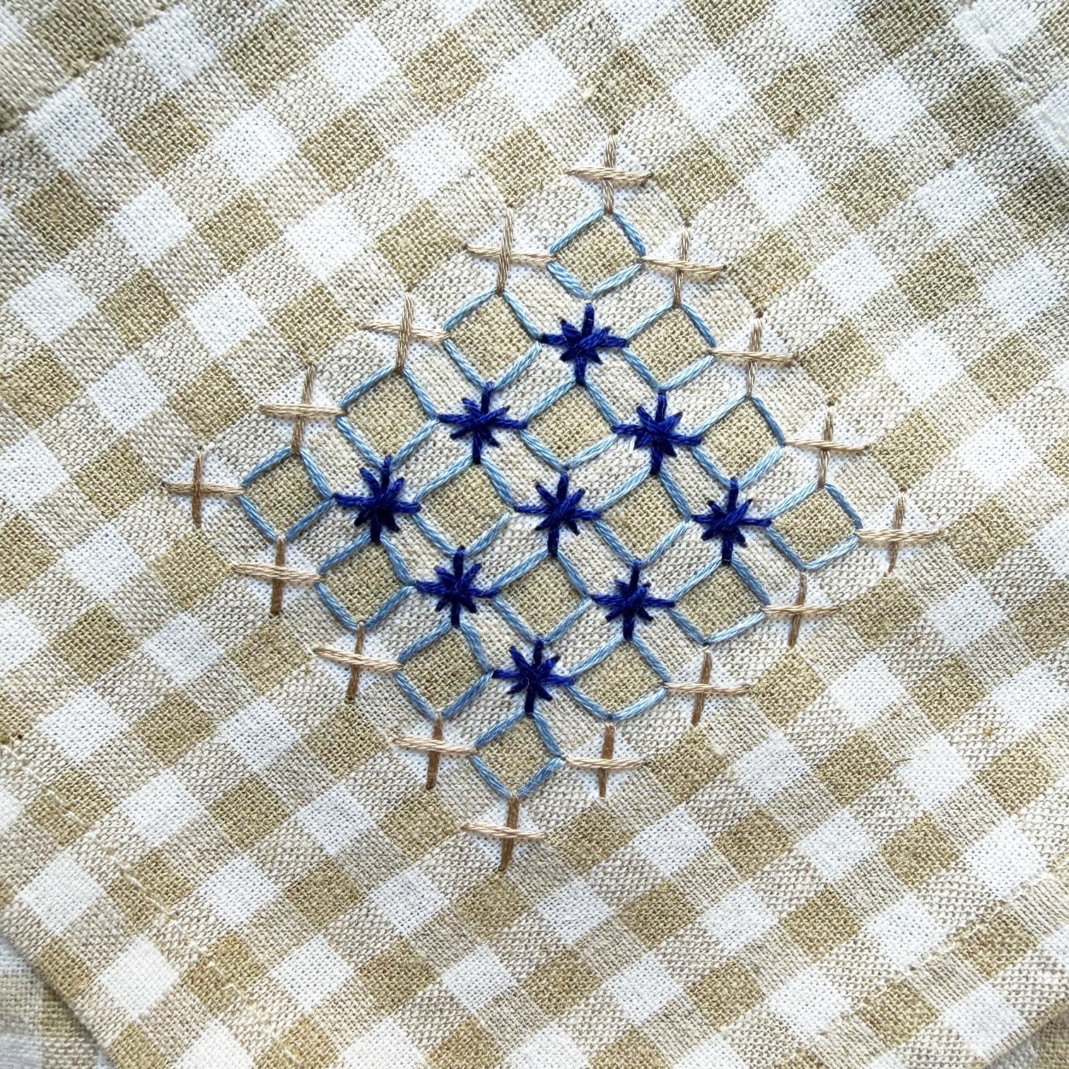 Hand Embroidered Gingham Napkin - Sand & Blues