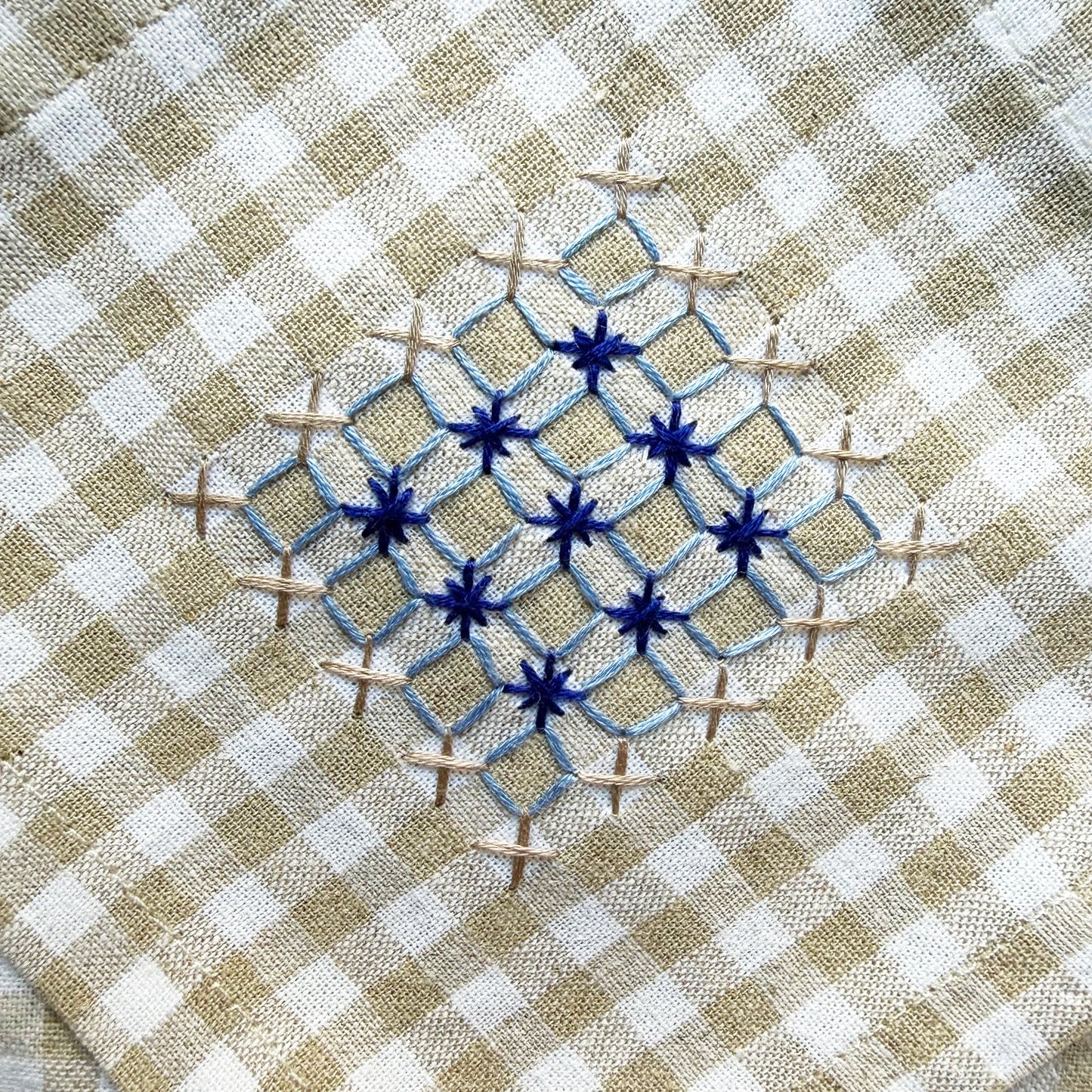Hand Embroidered Gingham Napkin - Sand & Blues