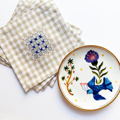Hand Embroidered Gingham Napkin - Sand & Blues