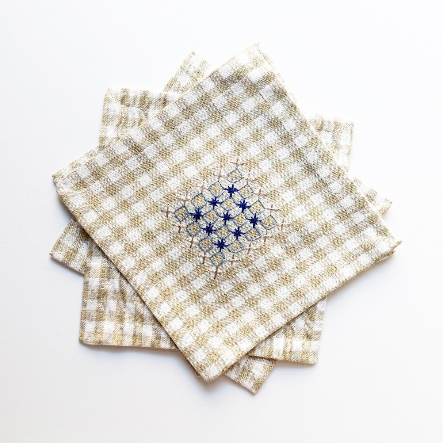 Hand Embroidered Gingham Napkin - Sand & Blues