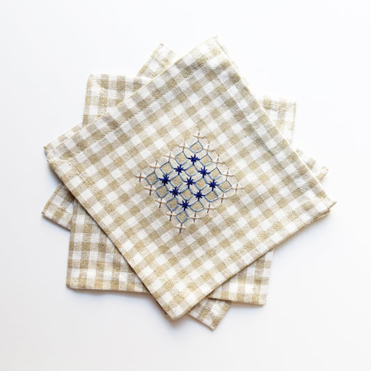 Hand Embroidered Gingham Napkin - Sand & Blues